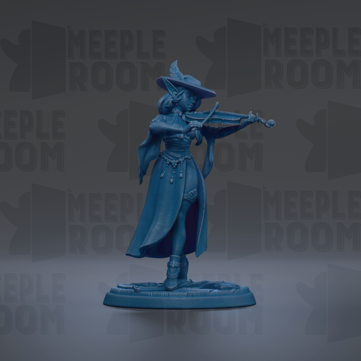 A blue figurine of a woman playing a musical instrument, such as a violin or flute, against a dark background with repeated text.