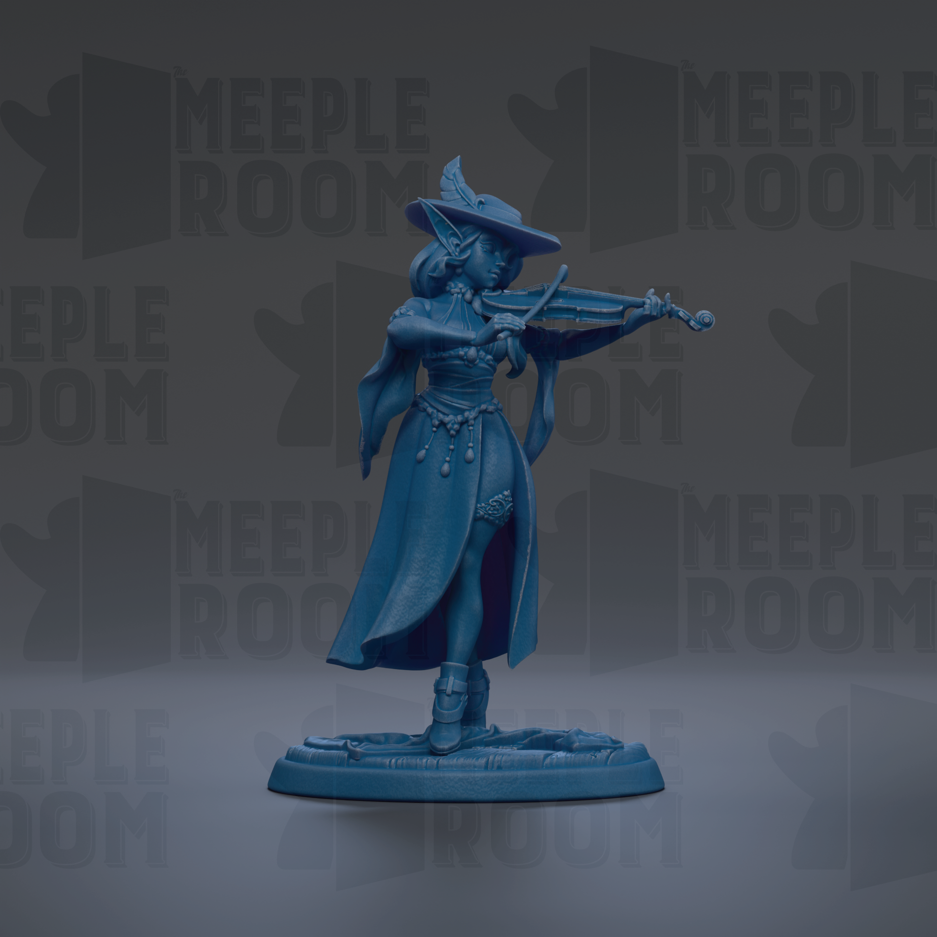 A blue figurine of a woman playing a musical instrument, such as a violin or flute, against a dark background with repeated text.