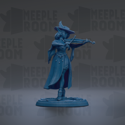 A blue figurine of a woman playing a musical instrument, such as a violin or flute, against a dark background with repeated text.