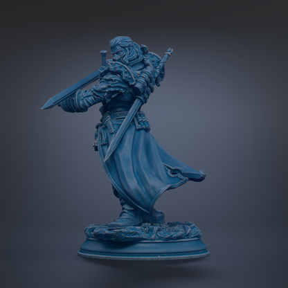 A blue statue of a warrior figure holding a sword and shield, standing on a base.