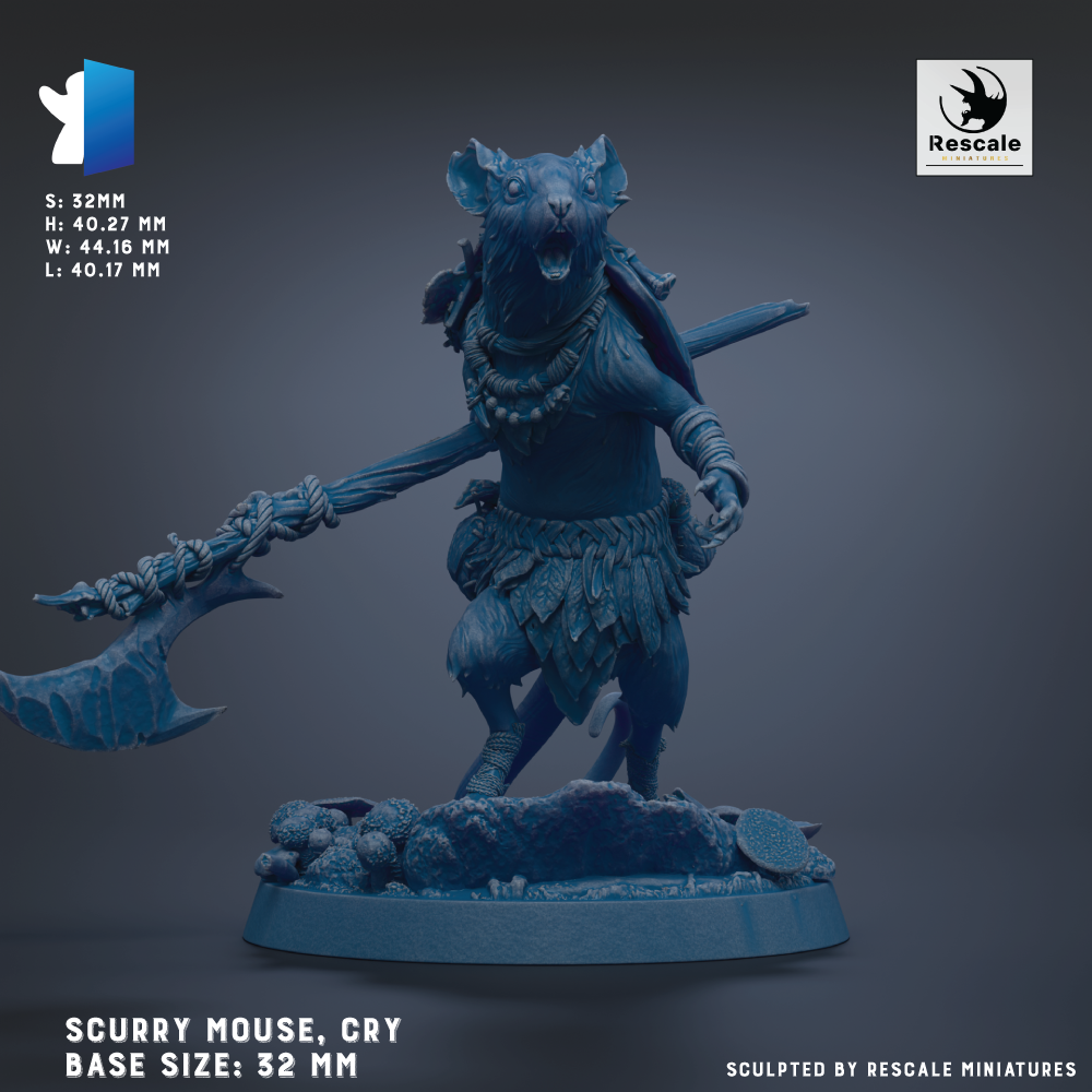 a blue, sculpted mouse figurine with a large weapon in its hands, standing on a base. The mouse is shown in a dynamic pose, with its mouth open and arms outstretched. The base of the mouse is described as being 32 mm in length. The image is a 3D rendering of the mouse, and it is presented in a realistic style.