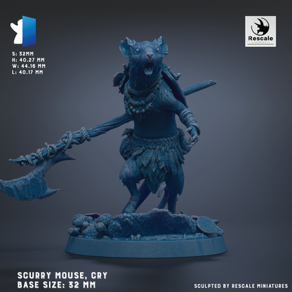 a blue, sculpted mouse figurine with a large weapon in its hands, standing on a base. The mouse is shown in a dynamic pose, with its mouth open and arms outstretched. The base of the mouse is described as being 32 mm in length. The image is a 3D rendering of the mouse, and it is presented in a realistic style.