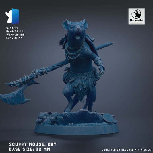 a blue, sculpted mouse figurine with a large weapon in its hands, standing on a base. The mouse is shown in a dynamic pose, with its mouth open and arms outstretched. The base of the mouse is described as being 32 mm in length. The image is a 3D rendering of the mouse, and it is presented in a realistic style.