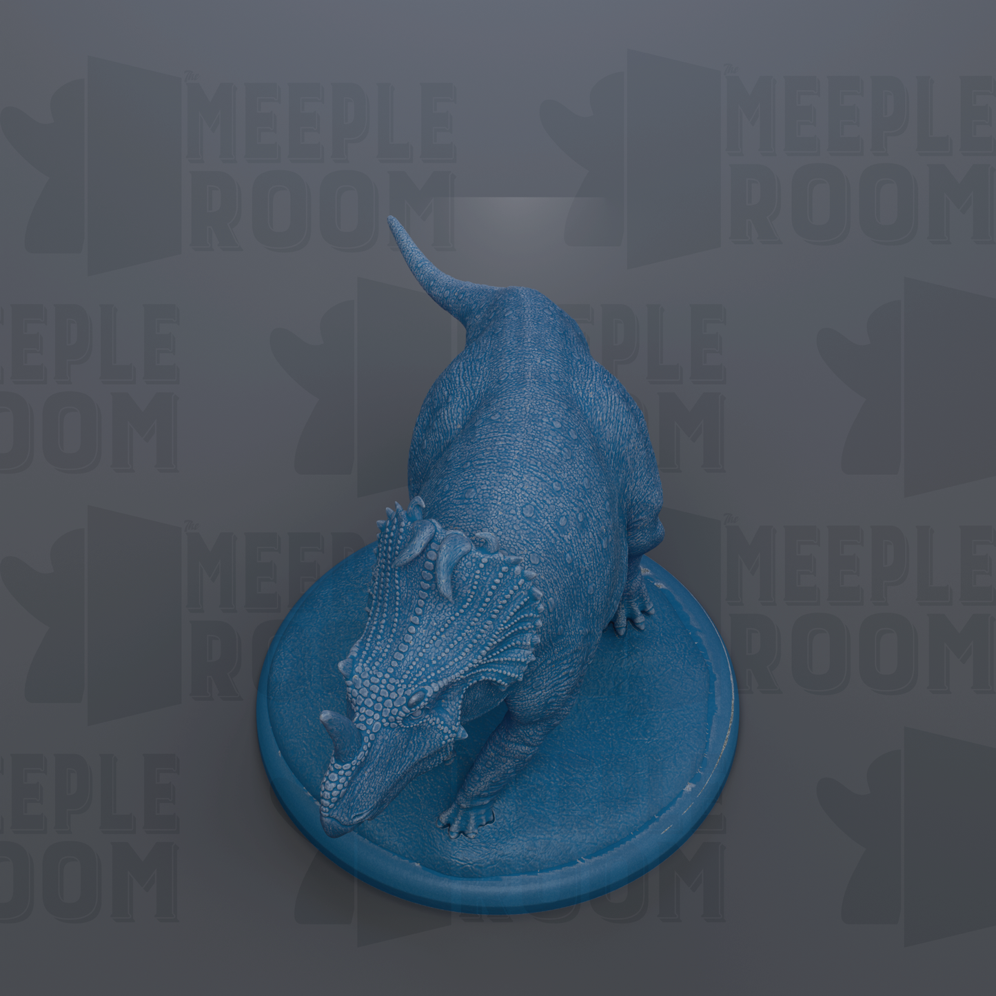 A blue 3D model of a dinosaur is displayed on a blue base against a gray background.
