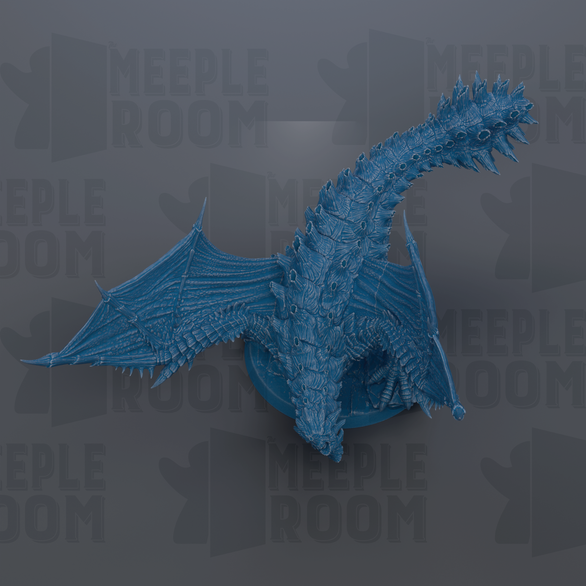 A 3D rendering of a blue dragon-like creature with sharp teeth and spikes, set against a dark background with repeated text.