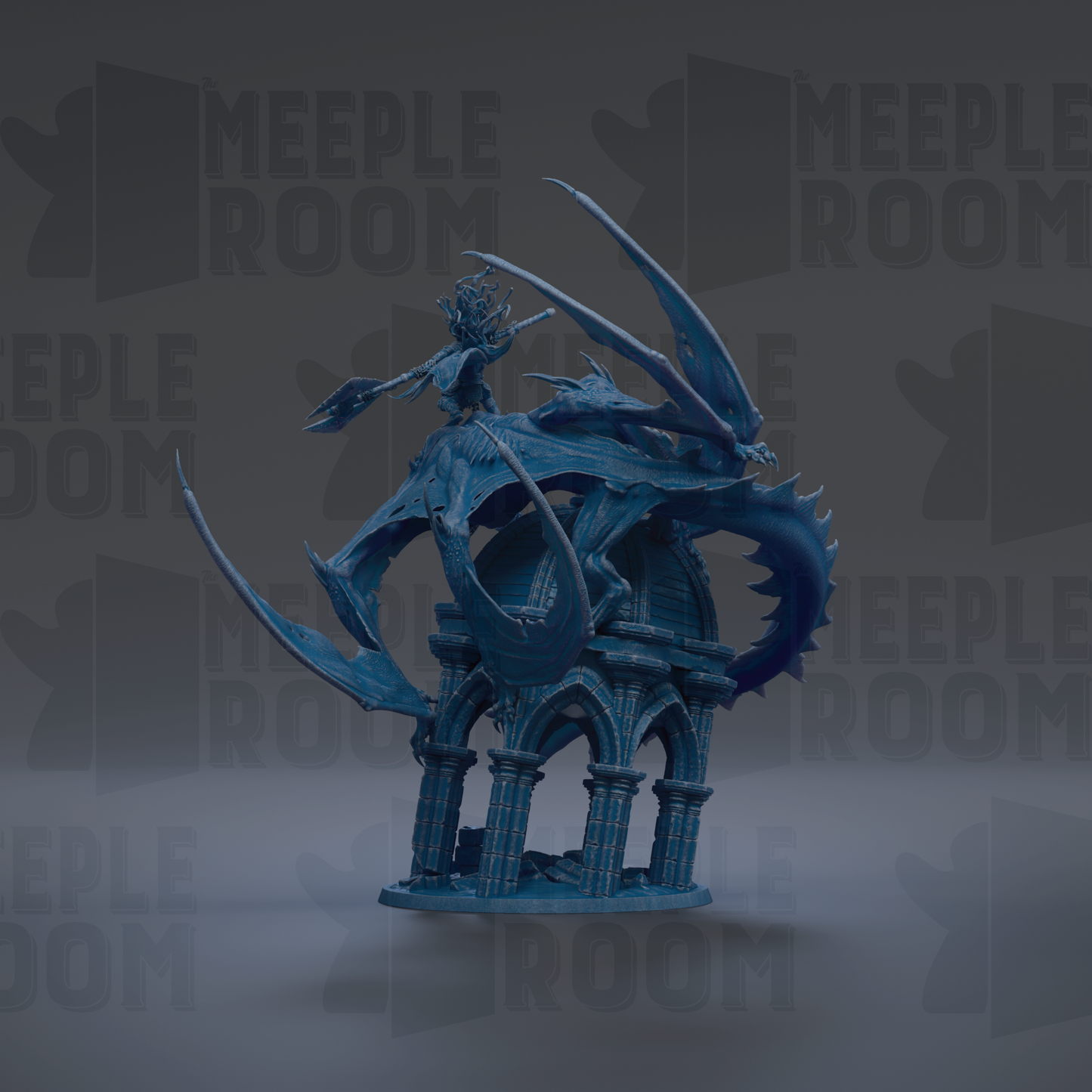 A blue dragon statue with wings spread, standing on a pedestal-like structure.