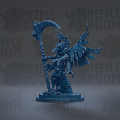 A blue, winged figurine holding a staff, standing on a platform against a dark background with repeated text.