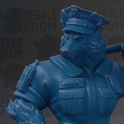 A blue police officer statue with a bat in hand, wearing a uniform and hat.