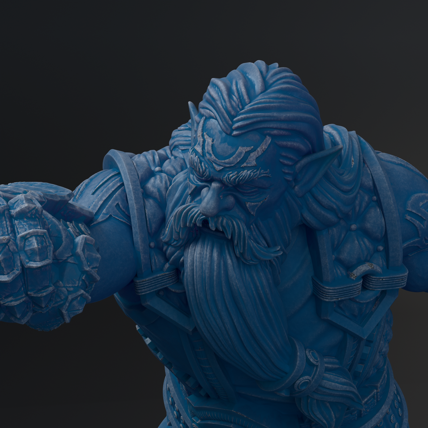 A detailed 3D rendering of a blue, fantastical creature with intricate facial features and ornate armor, set against a dark background.
