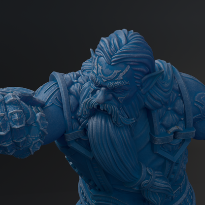 A detailed 3D rendering of a blue, fantastical creature with intricate facial features and ornate armor, set against a dark background.