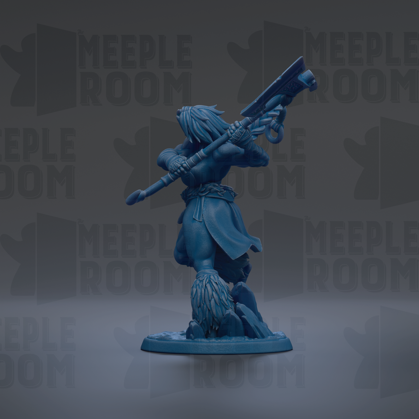 A blue figurine of a person holding a large weapon, standing on a platform against a dark background with repeated text.