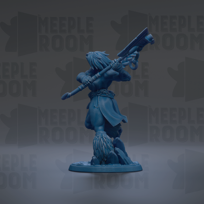 A blue figurine of a person holding a large weapon, standing on a platform against a dark background with repeated text.