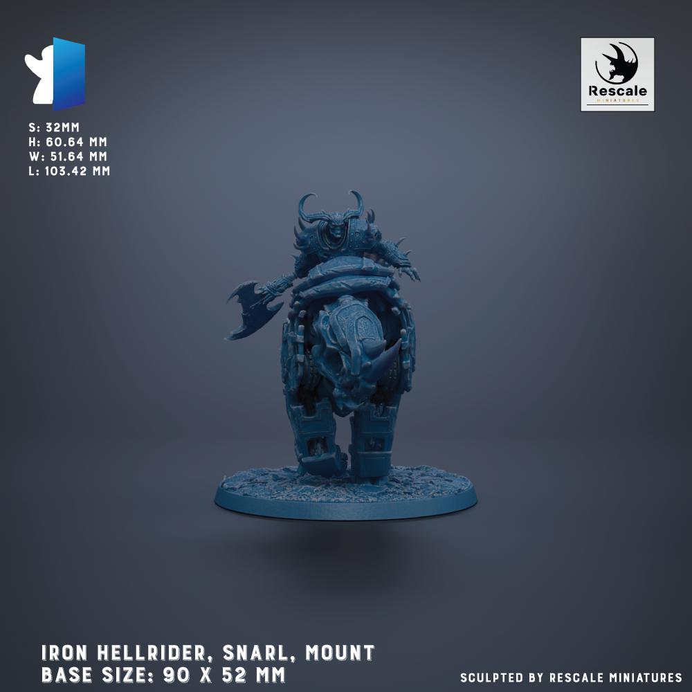 a blue figurine of an Iron Hellrider, Snarl, Mount base model. The base sizes are 90 x 52 mm.