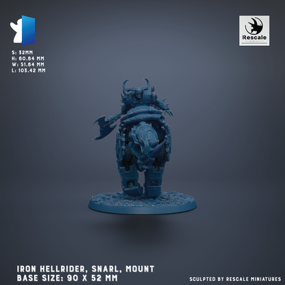 a blue figurine of an Iron Hellrider, Snarl, Mount base model. The base sizes are 90 x 52 mm.