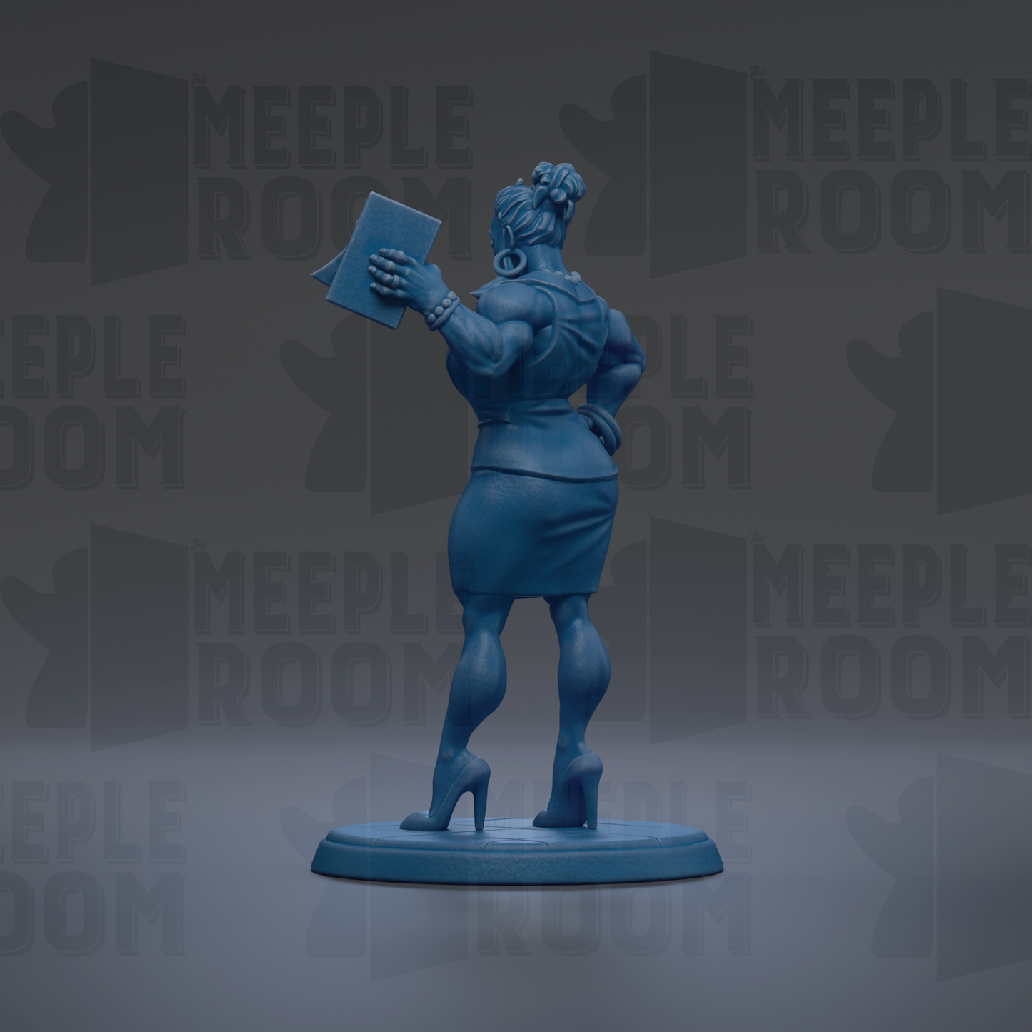 A blue figurine of a woman holding a book, standing on a blue base against a dark background with repeated text.