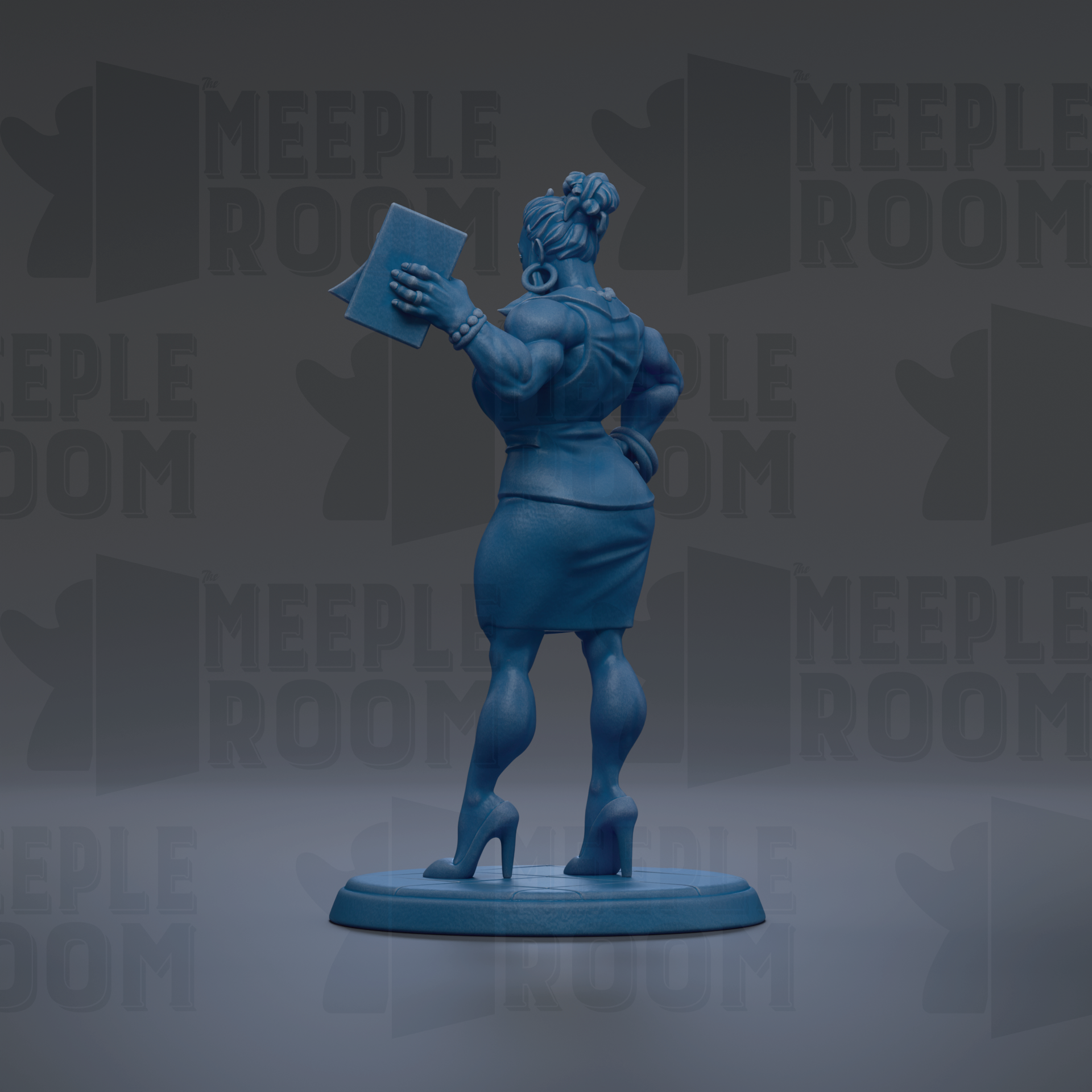 A blue figurine of a woman holding a book, standing on a blue base against a dark background with repeated text.