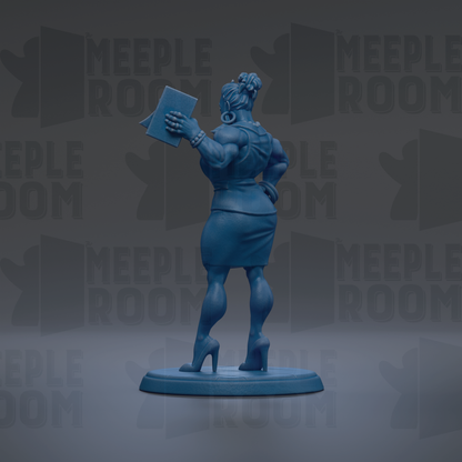 A blue figurine of a woman holding a book, standing on a blue base against a dark background with repeated text.