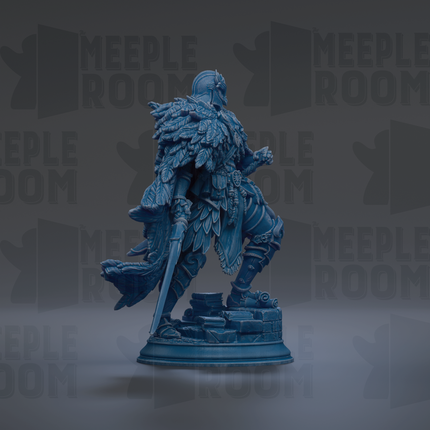 A blue statue of a warrior figure with a flowing cape and a sword, standing on a pedestal against a dark background with repeated text.