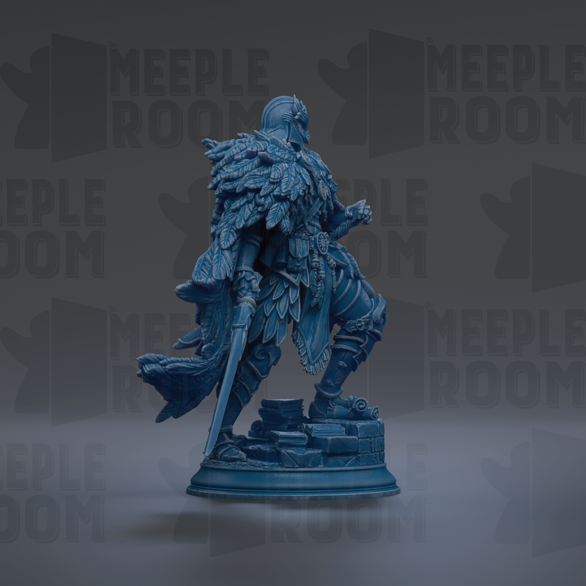 A blue statue of a warrior figure with a flowing cape and a sword, standing on a pedestal against a dark background with repeated text.
