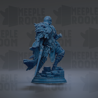 A blue statue of a warrior figure with a flowing cape and a sword, standing on a pedestal against a dark background with repeated text.