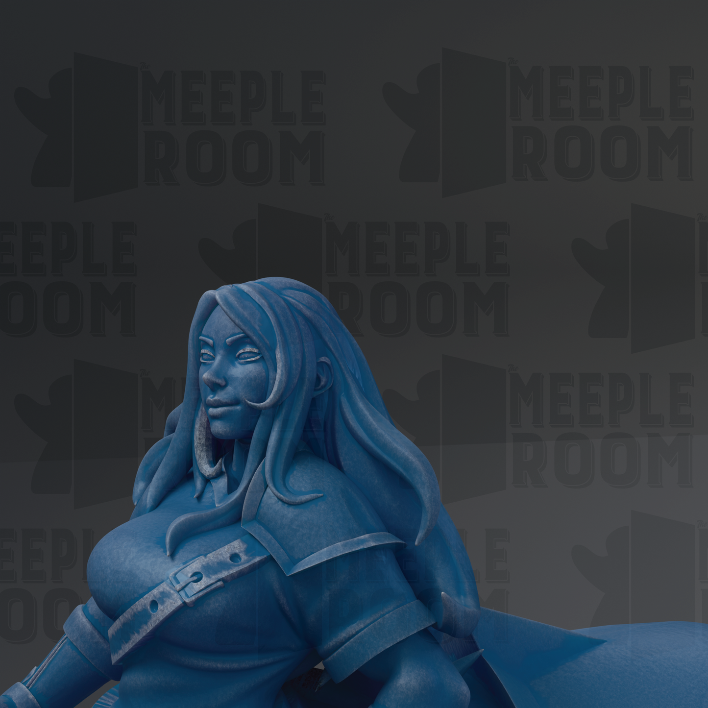 A blue statue of a woman with long hair and a flowing cape, set against a dark background with repeated text.
