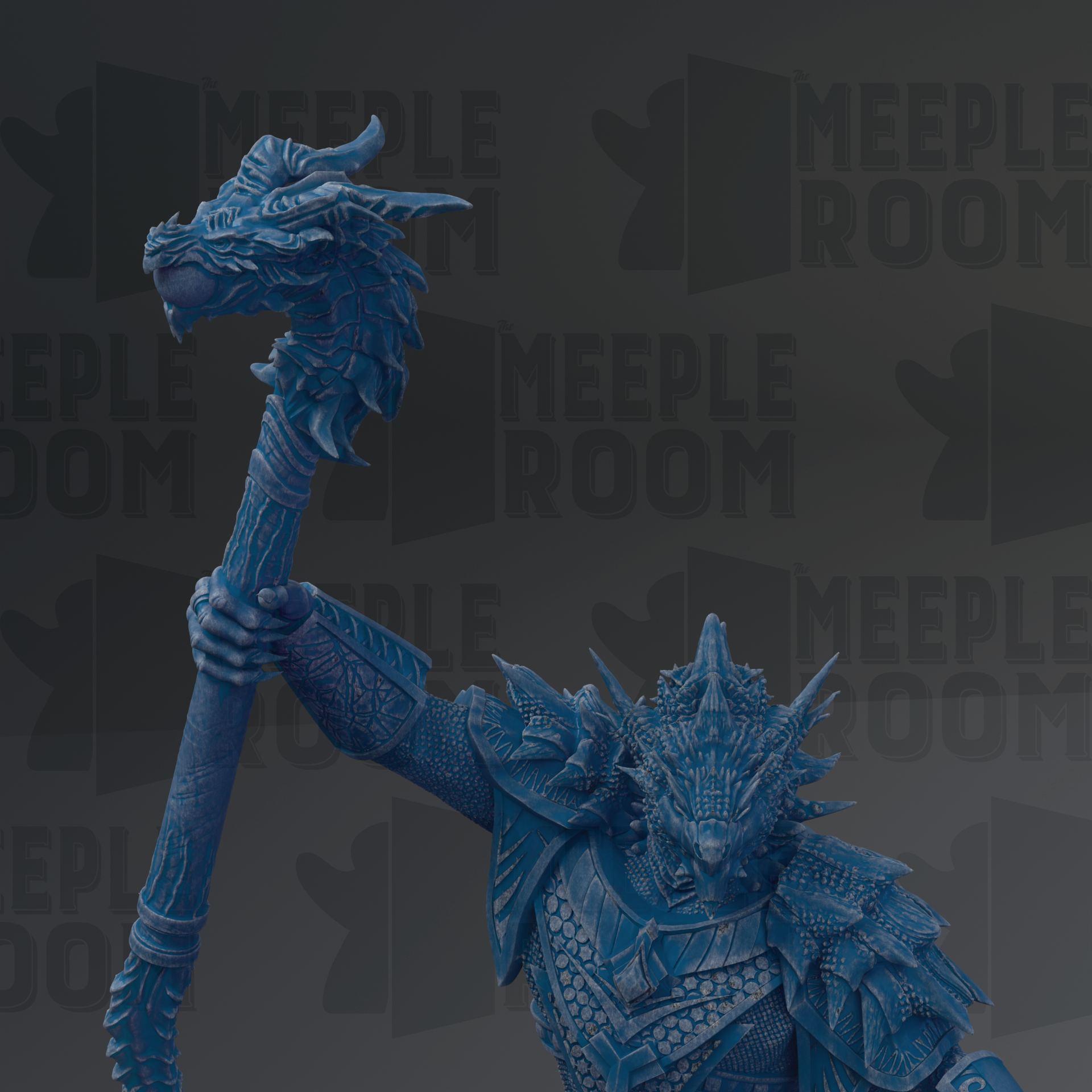 A detailed 3D rendering of a blue dragon-like creature holding a staff, with the text "MEUPLE ROOM" repeated in the background.