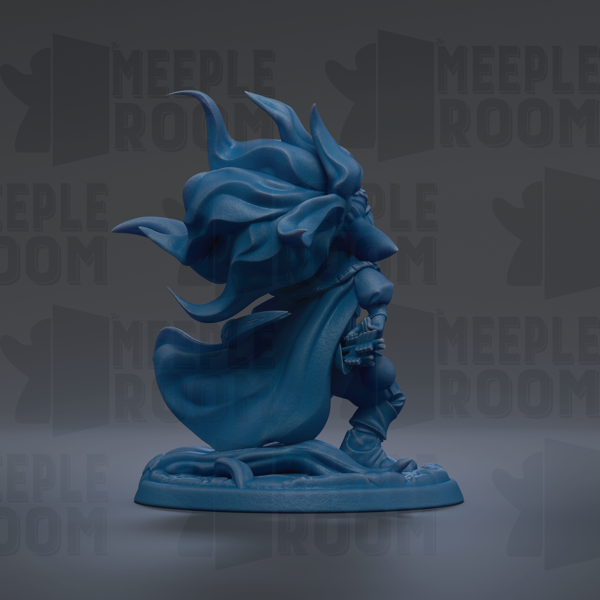 A blue figurine with flowing hair and a cape, standing on a base with a dark background.