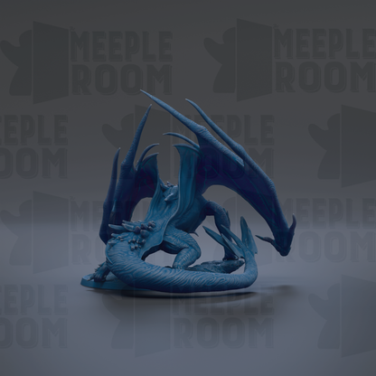 A blue dragon figurine is shown against a dark background with repeated text.