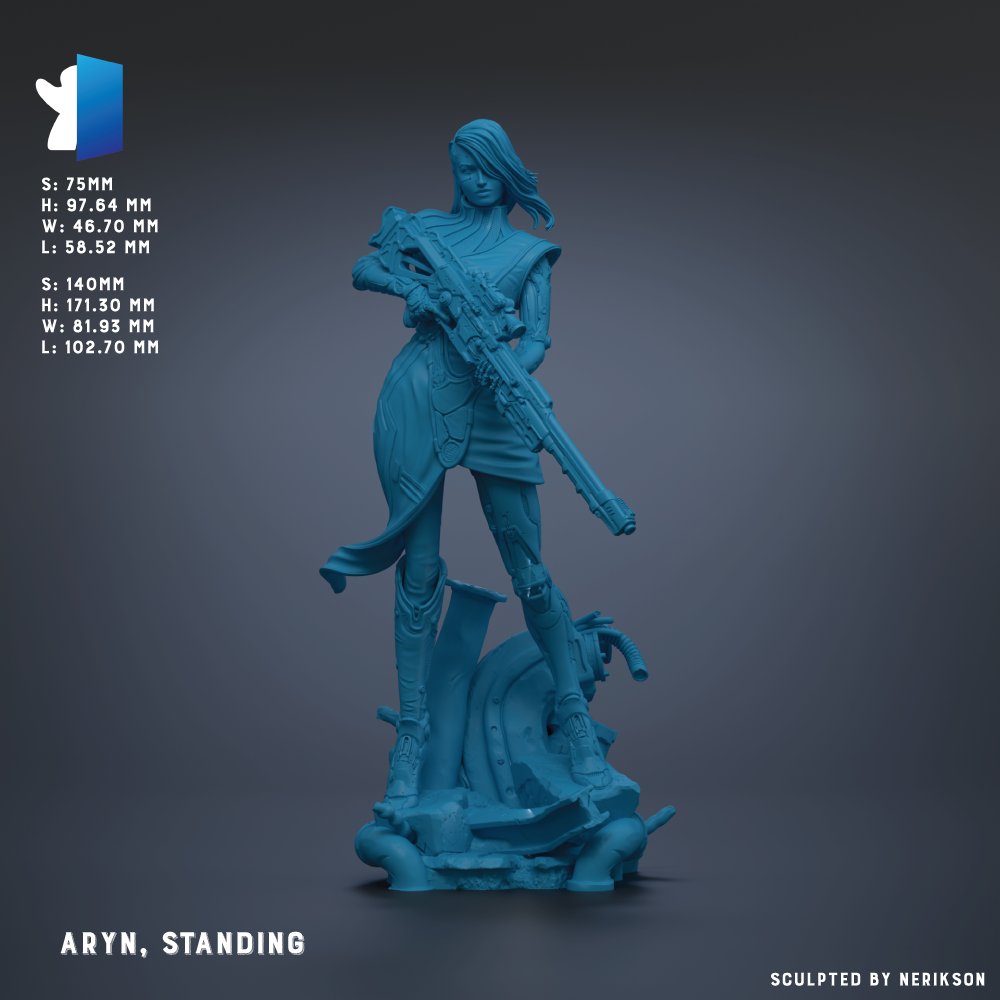A blue 3D model of a female character holding a gun, standing on a platform.