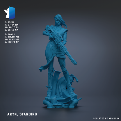 A blue 3D model of a female character holding a gun, standing on a platform.