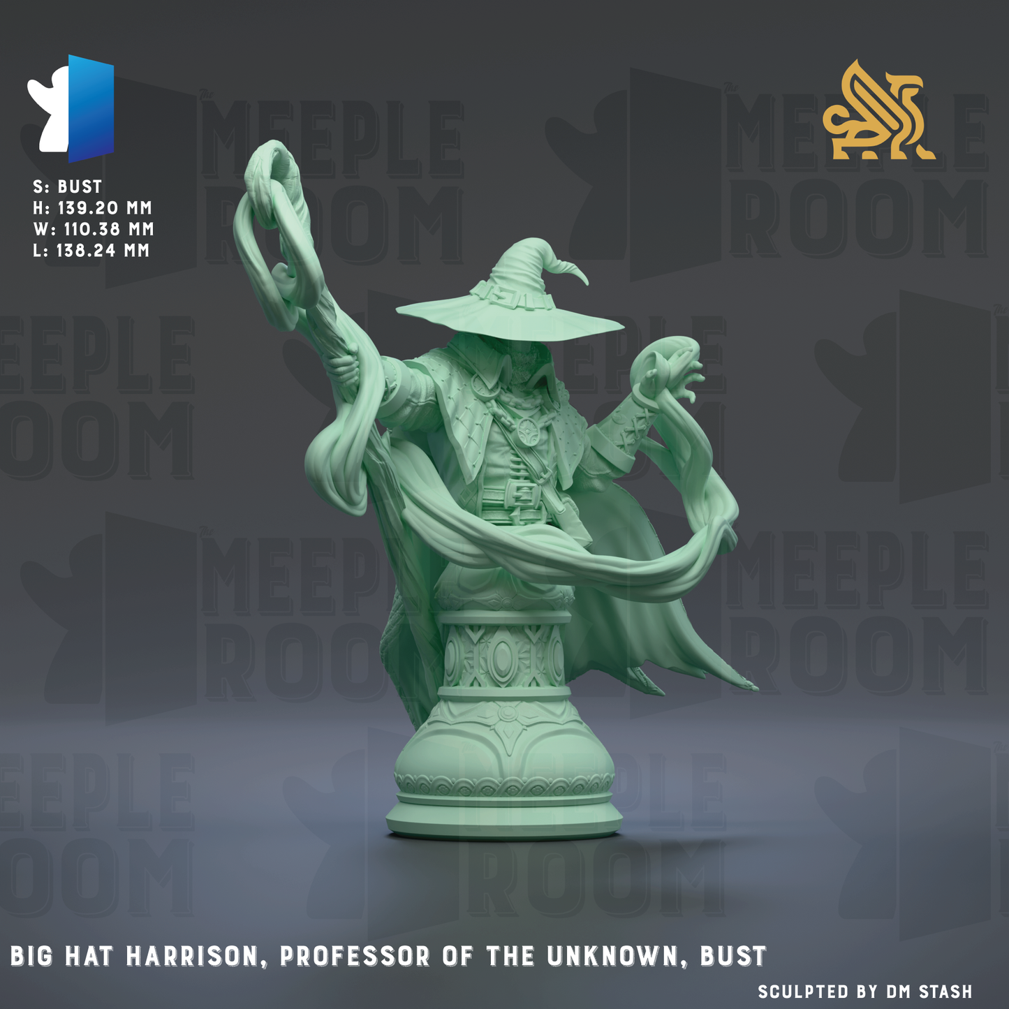 a statue of a wizard or professor, with intricate details and a flowing robe, set against a dark background with repeated text.