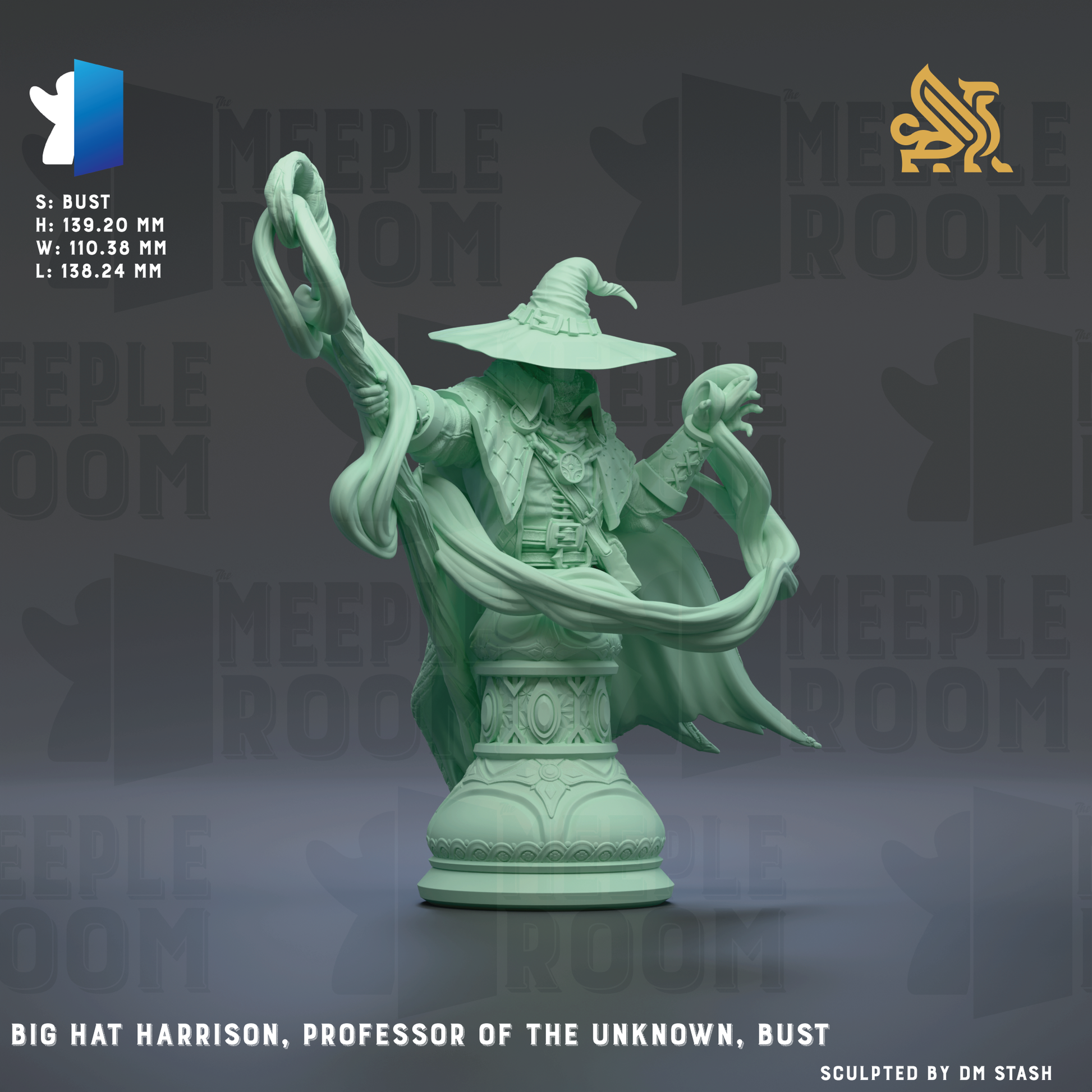 a statue of a wizard or professor, with intricate details and a flowing robe, set against a dark background with repeated text.