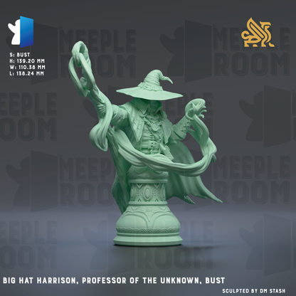 a statue of a wizard or professor, with intricate details and a flowing robe, set against a dark background with repeated text.