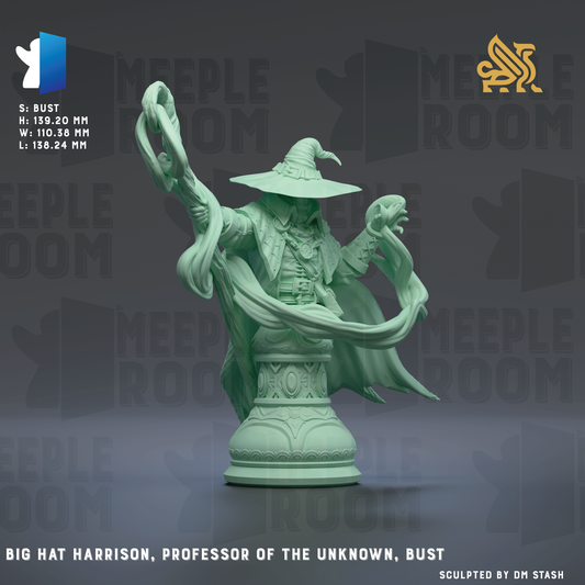 a statue of a wizard or professor, with intricate details and a flowing robe, set against a dark background with repeated text.