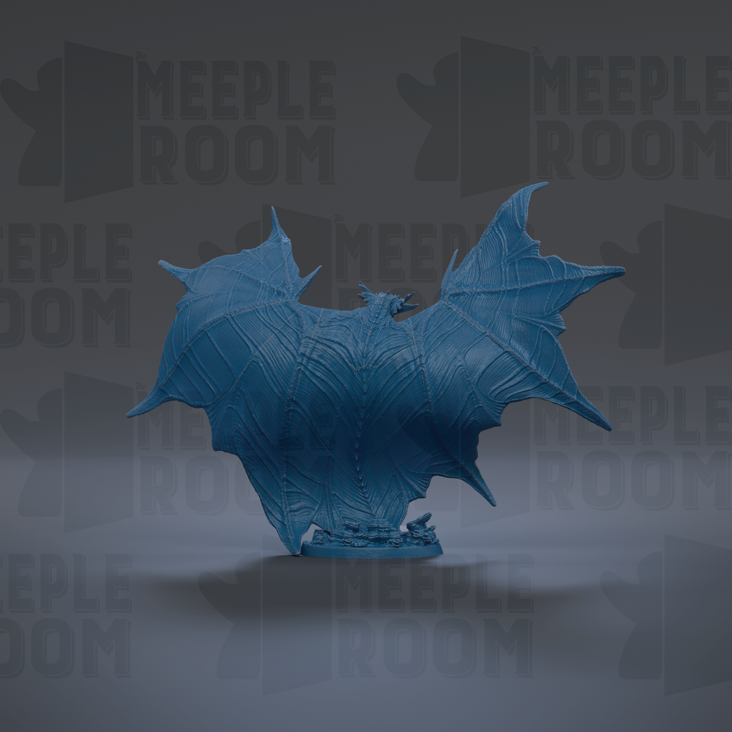 A blue bat-like creature with large wings and sharp teeth is prominently featured in the center of the image.
