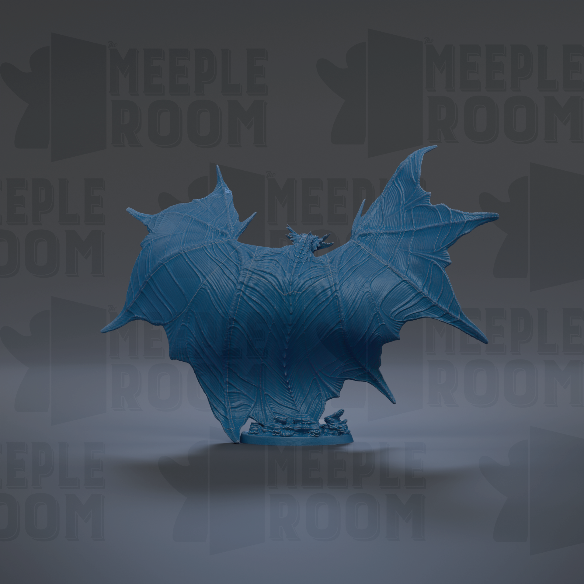 A blue bat-like creature with large wings and sharp teeth is prominently featured in the center of the image.
