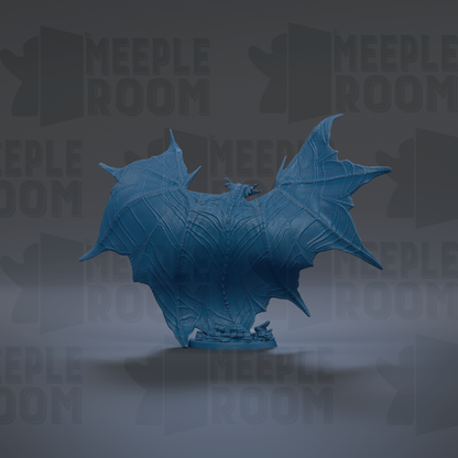 A blue bat-like creature with large wings and sharp teeth is prominently featured in the center of the image.