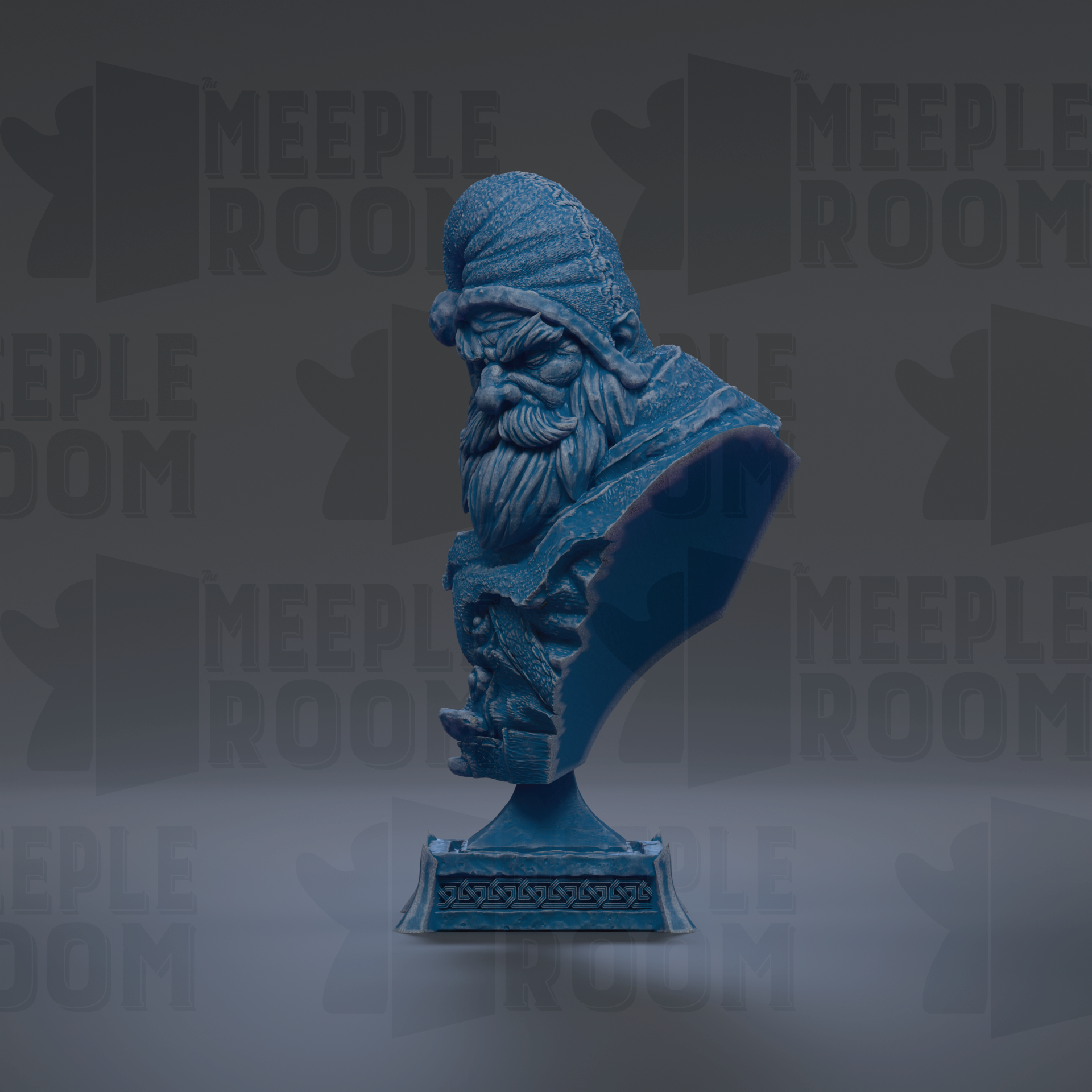 A blue bust of a person, possibly a historical figure, is displayed against a dark background with repeated text.