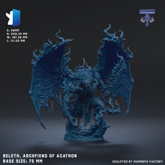 a detailed 3D model of a mythical creature, specifically a dragon-like being, with intricate details and a dark blue color scheme. The creature is shown in a dynamic pose, with its wings spread wide and its head turned to the side. The base size of the sculpture is 75 millimeters, and it is sculpted by the Mammoth Factory.