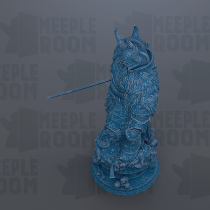 A 3D rendering of a blue, furry statue with horns, standing on a pedestal and holding a sword.