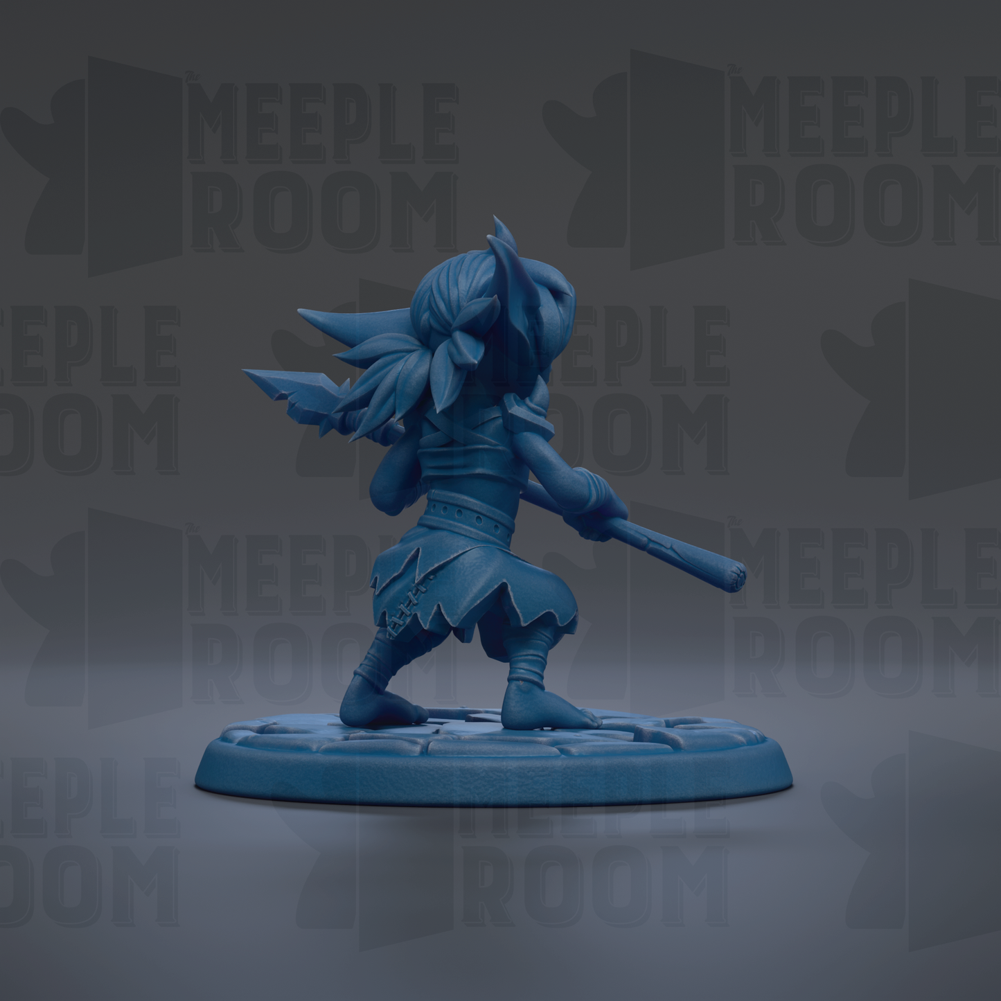 A blue figurine of a character with wings and a sword, standing on a platform against a dark background with repeated text.