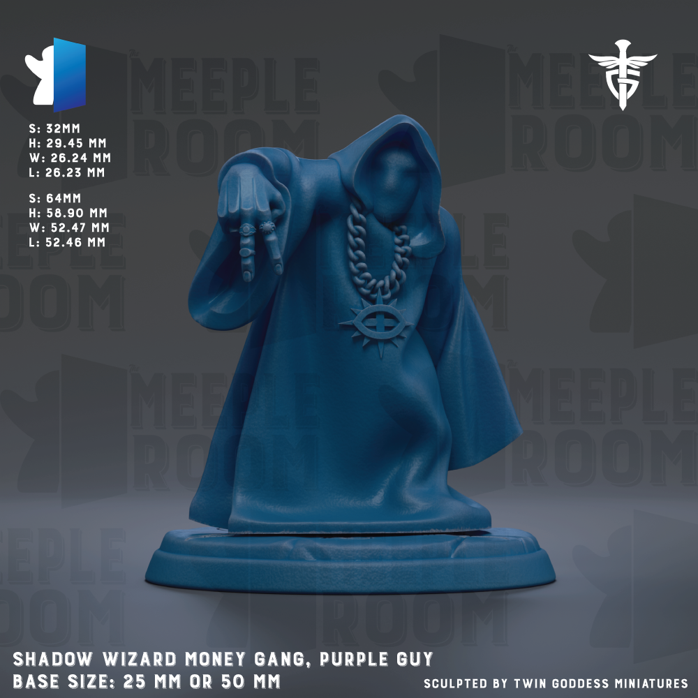 a blue figurine of a wizard or wizard-like character, with a hooded cloak and a chain around their neck. The figurine is sitting on a base and appears to be made of a material that resembles metal or plastic. The image does not contain any text, and the focus is on the figurine itself.
