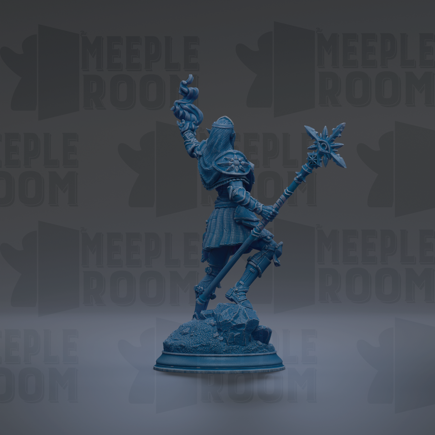 A blue figurine of a warrior figure holding a staff and shield, standing on a rock.
