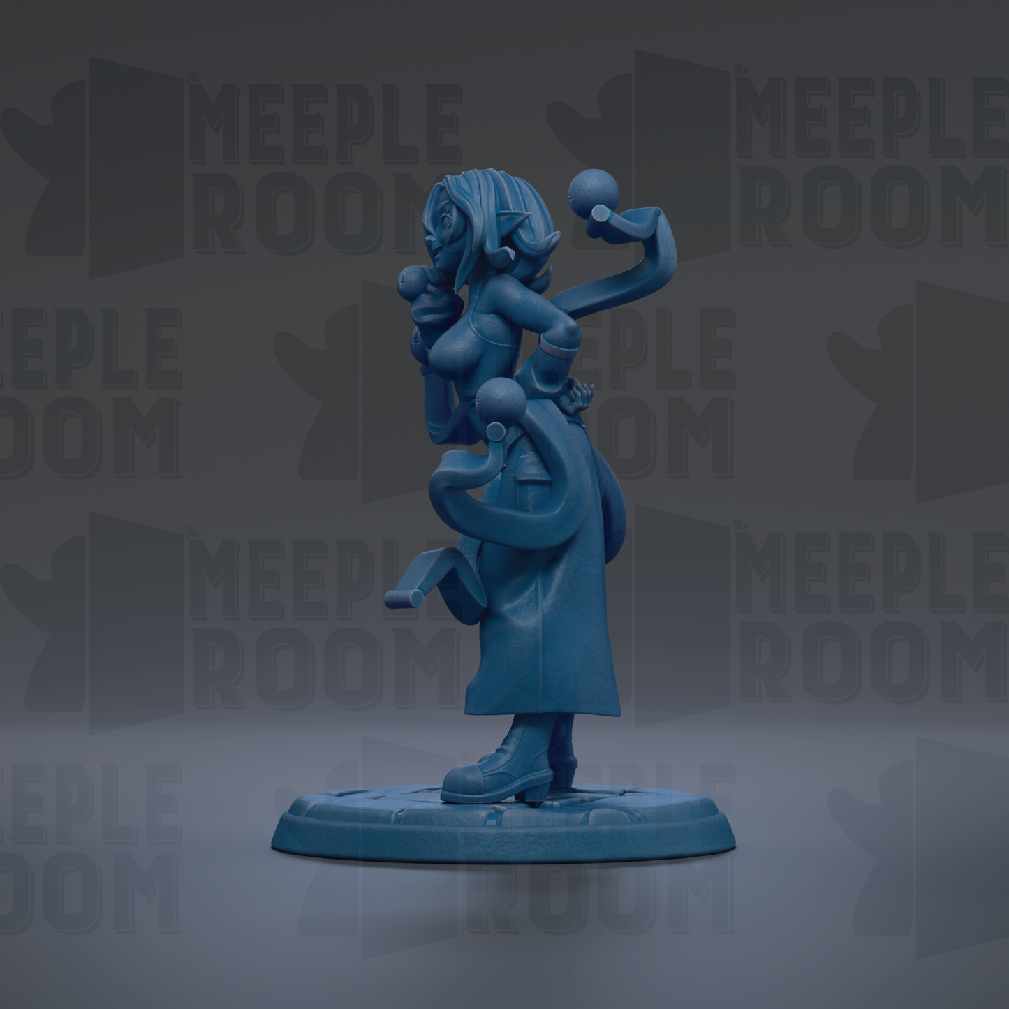 A blue figurine of a woman with a large head and long hair, standing on a base and holding a small object in her hand.
