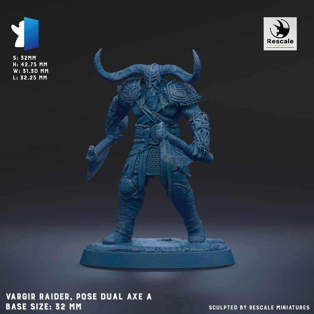 a blue armored figure, likely a warrior or pirate, posed with a dual-axle weapon. The figure is standing on a base that measures 32mm in height and width. The image is a 3D rendering of the figure, and it is described as a "VARGIR RAIDER, pose dual axe A" and "BASE SIZE: 32mm".