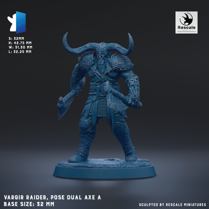 a blue armored figure, likely a warrior or pirate, posed with a dual-axle weapon. The figure is standing on a base that measures 32mm in height and width. The image is a 3D rendering of the figure, and it is described as a "VARGIR RAIDER, pose dual axe A" and "BASE SIZE: 32mm".