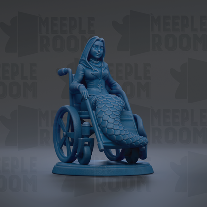 A blue mermaid figurine in a wheelchair, with the text "MEUPLE ROOM" repeated in the background.