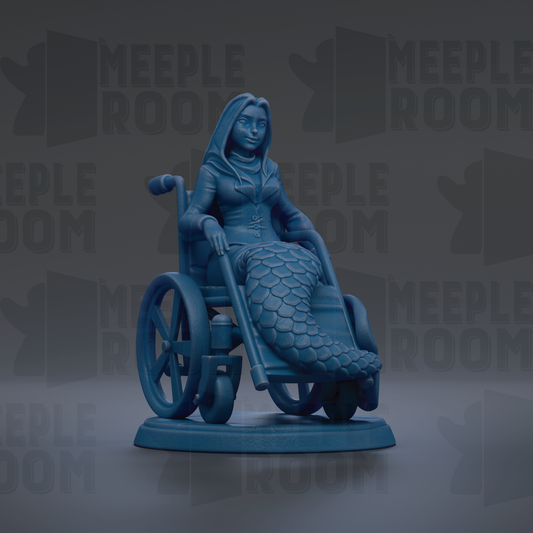 A blue mermaid figurine in a wheelchair, with the text "MEUPLE ROOM" repeated in the background.