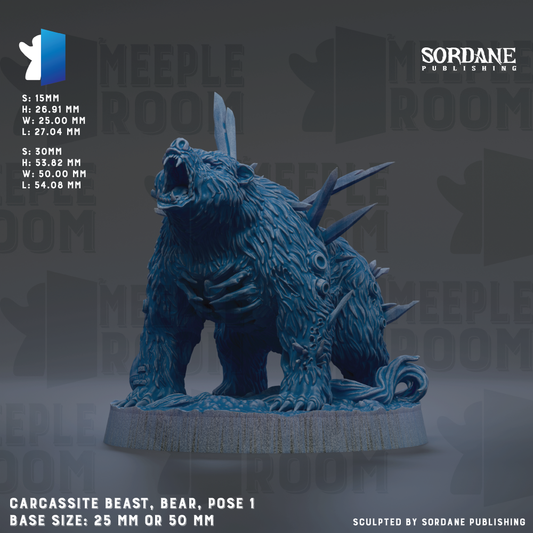 The image is a detailed 3D rendering of a blue bear statue, with sharp teeth and spikes protruding from its head. The bear is posed in a dynamic, aggressive stance, with its mouth open as if roaring. The bear is set against a dark background, which contrasts with its vibrant blue color. The image is described as a "CARASSITE BEAST, BEAR, POSE 1" and is labeled as a "BASE SIZE: 25 MM OR 50 MM". The image is published by Sordane Publishing.