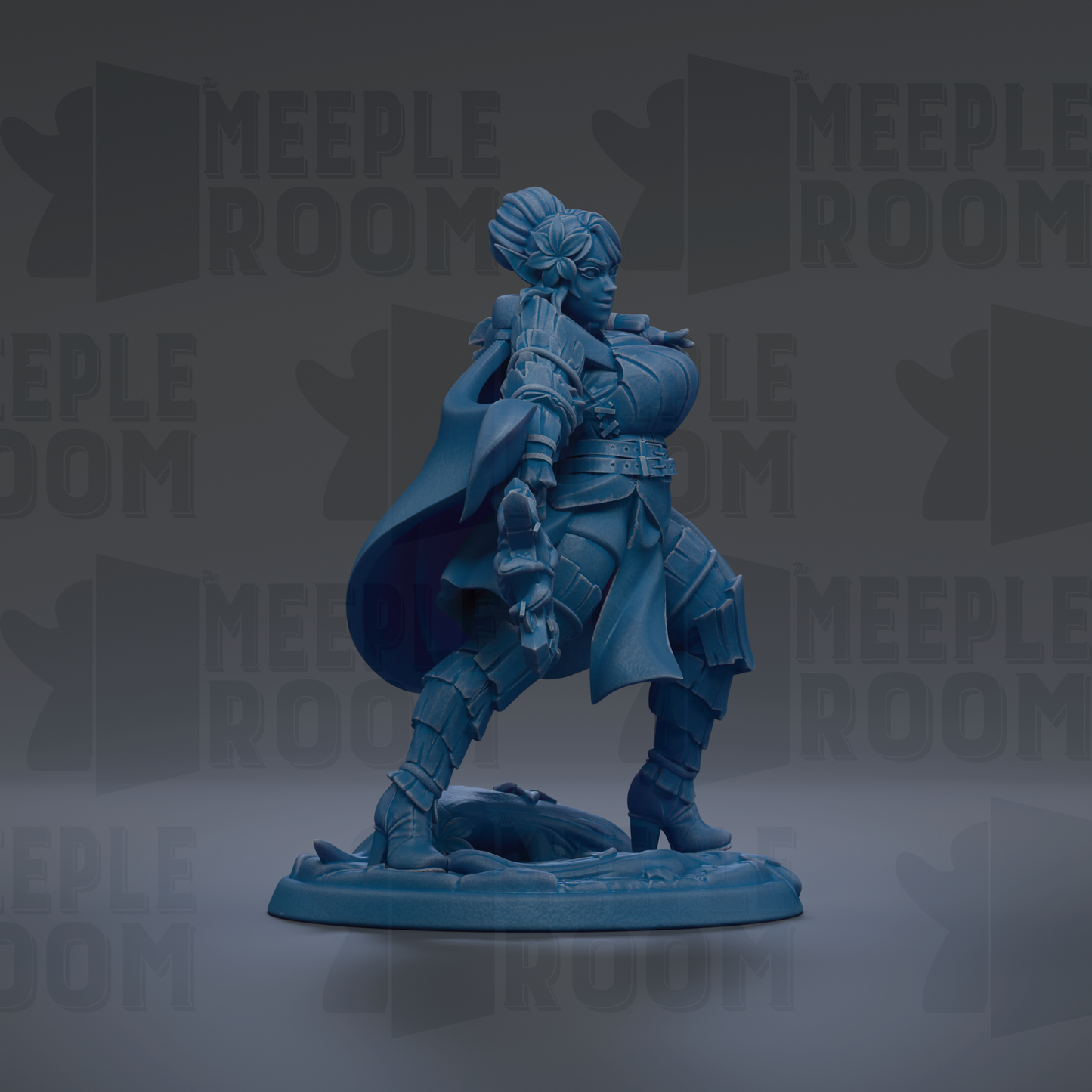 A blue figurine of a person standing on a base, with the text "MEUPLE ROOM" repeated in the background.
